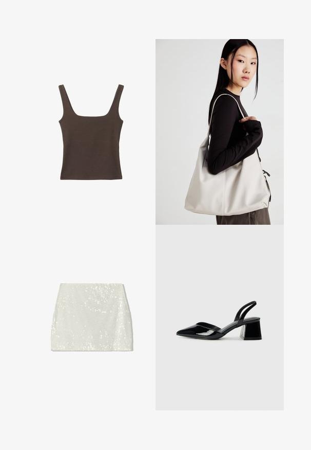 Top senza maniche marrone con scollo quadrato, realizzato in tessuto morbido ed elastico. Presenta un design aderente e cuciture piatte.; Bershka Gonna a campana - white; Décolleté in vernice nera con punta affusolata e tacco in geometria cubica. Presentano un design elegante e minimalista, con una texture liscia.; Borsa a mano beige realizzata in materiale morbido, caratterizzata da un design morbido, dettagli cuciti e due manici. Adatta per l'uso quotidiano.