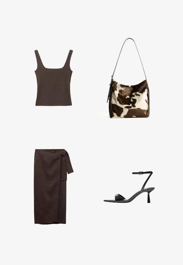 Haut sans manches marron avec un décolleté carré, fabriqué à partir d'un tissu doux et extensible. Présente un design ajusté et des coutures plates.; Jupe en lin marron avec une taille nouée, silhouette droite et bords effilochés. Texture douce et design long jusqu'au sol.; Bershka Sandales à talons hauts - black; Sac à épaule en cuir de vachette brun et crème avec une sangle en cuir lisse, fermeture zippée et une surface douce et texturée présentant un motif naturel.