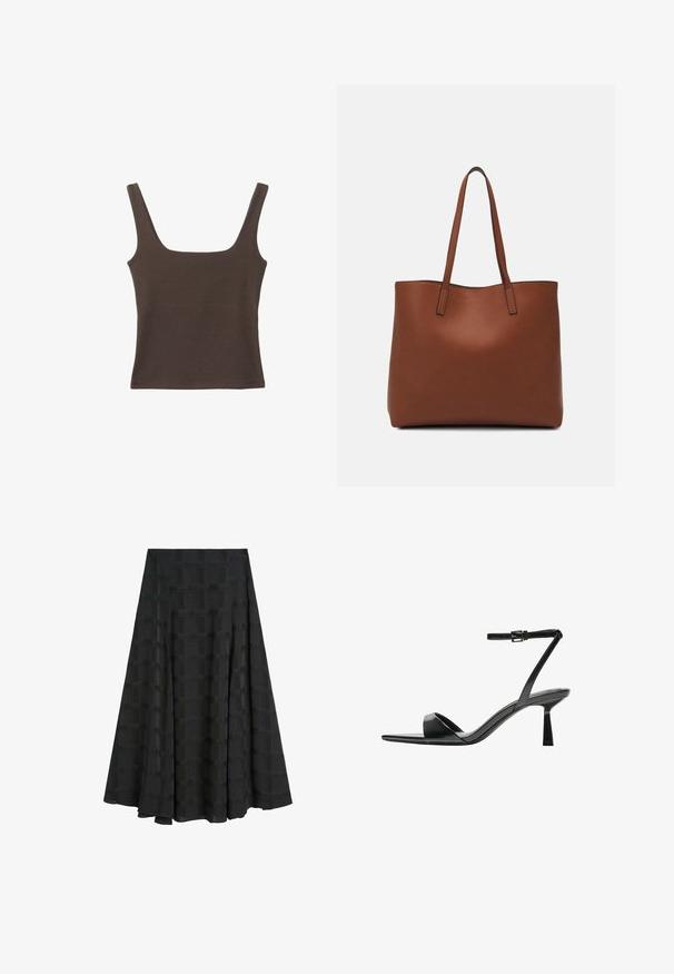 Hnědý bezramínkový top se čtvercovým výstřihem vyrobený z měkké, elastické tkaniny. Má přiléhavý design a ploché švy.; Černá plisovaná sukně vyrobená z texturovaného materiálu, s mřížkovaným vzorem. Design je dlouhý s volným siluetou.; Bershka Sandály na vysokém podpatku - black; Hnědá kožená taška přes rameno s hladkou texturou, otevřeným designem a dvěma ramenními popruhy. Obsahuje minimální švy a žádné viditelné kovové prvky.