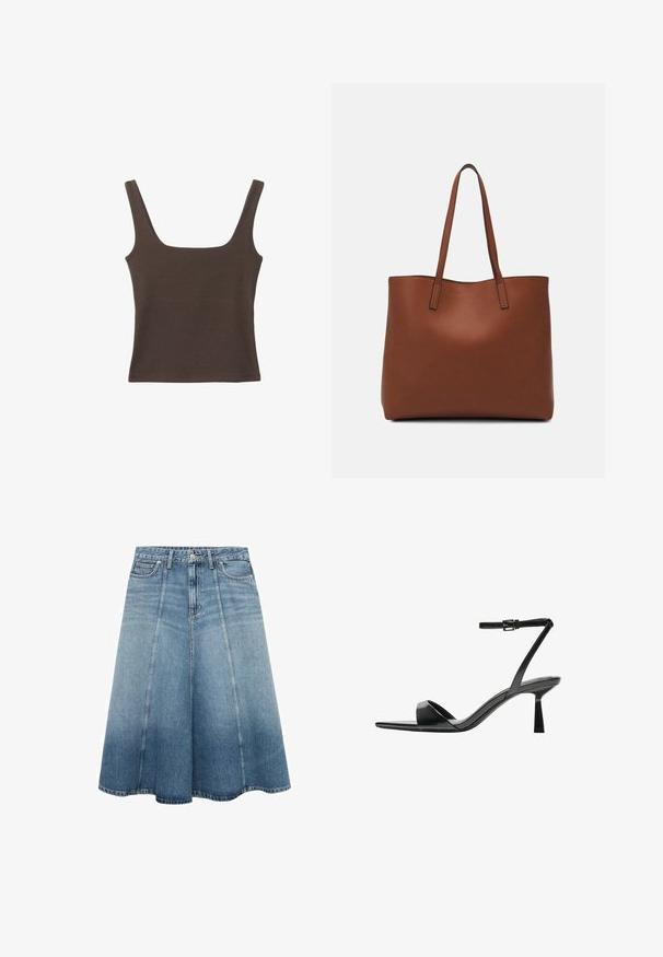 Rjava brezrokavna majica s kvadratnim izrezom, narejena iz mehkega, elastičnega materiala. Ima oprijet kroj in ravne šive.; Jeans krilo v svetlo modri barvi z razširjenim A-linijskim krojem. Ima visok pas, dve sprednji žep in subtilne šive.; Bershka Sandali z visoko peto - black; Rjava usnjena torba z gladko teksturo, odprto zasnovo zgoraj in dvema naramnima trakovoma. Opremljena je z minimalnim šivanjem in brez vidnih kovinskih delov.