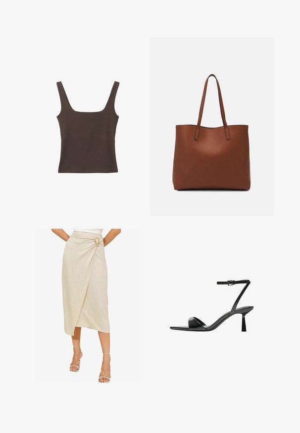 Bruine tanktop zonder mouwen met een vierkante halslijn, gemaakt van zachte, rekbare stof. Heeft een aansluitend ontwerp en platte naden.; Beige wikkelrok gemaakt van gestructureerd linnen, met een unieke gouden gesp als accent en een asymmetrische zoomlengte tot op de knie.; Bershka Sandalen met hoge hak - black; Bruine leren tote bag met een gladde textuur, een ontwerp met een open bovenkant en twee schouderbanden. Kenmerkt zich door minimale stiksels en geen zichtbare hardware.