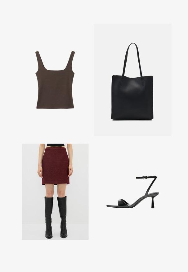 Haut sans manches marron avec un décolleté carré, fabriqué à partir d'un tissu doux et extensible. Présente un design ajusté et des coutures plates.; adL Minijupe - claret red; Bershka Sandales à talons hauts - black; Sac fourre-tout en cuir noir avec une texture lisse, de forme rectangulaire et deux longues poignées. Pas de matériel ou d'ornementations visibles.