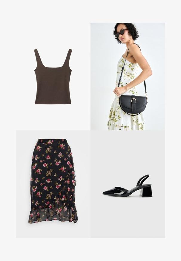 Brun ærmeløs top med firkantet udskæring, lavet af blød, strækbar stof. Har et tætsiddende design og flade sømme.; Sort blomster nederdel med pink og grønne blomster mønstre, flæset kant og lagdelt design lavet af let, gennemsigtigt stof.; Sorte patentlæder slingback hæle med spids tå og en geometrisk blok hæl. Har et elegant, minimalistisk design og en glat tekstur.; Sort læderhåndtaske med en buet form, aftagelig rem og guldfinish. Tasken har en klap med en spænde detalje.