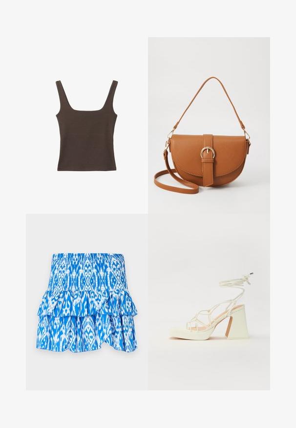 Braunes ärmelloses Oberteil mit quadratischem Ausschnitt, aus weichem, dehnbarem Stoff gefertigt. Verfügt über ein figurbetontes Design und flache Nähte.; Blau-weiß gemusterter Rock mit einem gerafften Bund, schichtiger Rüsche am Saum und leichtem Stoff. Verfügt über ein Ikat-Design.; Weiße High-Heel-Sandale mit einem klobigen Absatz, die über ein Riemchendesign und ein Knöchelband verfügt. Glatte Textur mit einer Plattform vorne für zusätzliche Höhe.; Braune Leder-Crossbody-Tasche mit geschwungener Form, goldfarbenen Beschlägen und einer Schnallenakzentuierung. Verfügt über einen abnehmbaren Schultergurt.