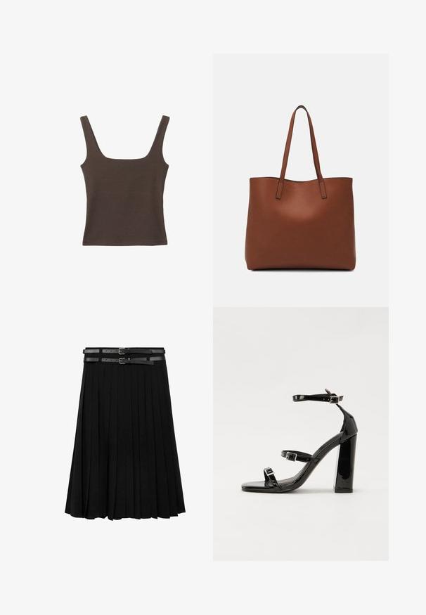 Rjava brezrokavna majica s kvadratnim izrezom, narejena iz mehkega, elastičnega materiala. Ima oprijet kroj in ravne šive.; Črna nabirana krila z dvema usnjenima trakoma s srebrnimi sponkami na pasu. Narejeno iz gladkega, tekočega materiala.; Črne lakirane sandale s peto, kvadratnim prstom, trakovi okrog gležnja in srebrnimi zaponkami. Opremljene so s stabilno Debelo peto.; Rjava usnjena torba z gladko teksturo, odprto zasnovo zgoraj in dvema naramnima trakovoma. Opremljena je z minimalnim šivanjem in brez vidnih kovinskih delov.