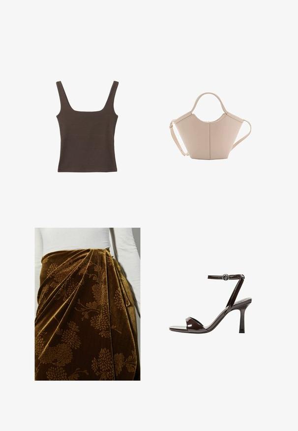 Haut sans manches marron avec un décolleté carré, fabriqué à partir d'un tissu doux et extensible. Présente un design ajusté et des coutures plates.; Jupe en velours marron avec un motif floral, présentant des plis et un design drapé. La surface texturée met en valeur les détails ornés.; Sandale à talon haut en cuir verni marron avec une bride de cheville, bout ouvert et un design épuré et minimaliste. Présente un talon carré.; Sac à main en cuir beige avec une forme unique, doté de deux poignées courtes et d'une longue sangle réglable. Texture lisse avec un minimum de matériel.