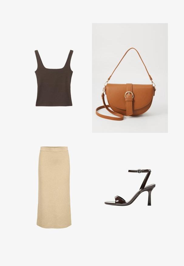 Haut sans manches marron avec un décolleté carré, fabriqué à partir d'un tissu doux et extensible. Présente un design ajusté et des coutures plates.; Jupe midi en tricot couleur beige clair, avec une taille côtelée et une silhouette droite, au toucher lisse et doux.; Sandale à talon haut en cuir verni marron avec une bride de cheville, bout ouvert et un design épuré et minimaliste. Présente un talon carré.; Sac bandoulière en cuir marron avec une forme incurvée, quincaillerie dorée et un accent en boucle. Comprend une bandoulière détachable.