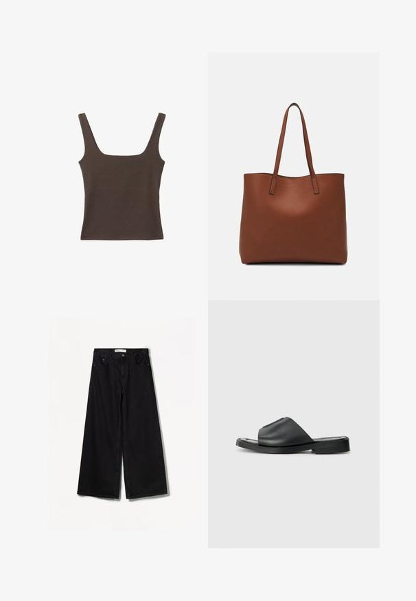 Rjava brezrokavna majica s kvadratnim izrezom, narejena iz mehkega, elastičnega materiala. Ima oprijet kroj in ravne šive.; Bershka WIDE-LEG - Široke hlačnice - black; Črne usnjene natikače z gladko teksturo, odprtim nosom, širokim trakom in ravnim gumijastim podplatom.; Rjava usnjena torba z gladko teksturo, odprto zasnovo zgoraj in dvema naramnima trakovoma. Opremljena je z minimalnim šivanjem in brez vidnih kovinskih delov.