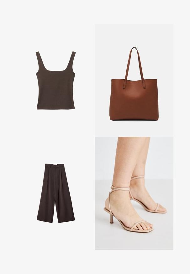 Rjava brezrokavna majica s kvadratnim izrezom, narejena iz mehkega, elastičnega materiala. Ima oprijet kroj in ravne šive.; Črne široke hlače z visokim pasom, ki vsebujejo sprednje nabore in z gumbom za zapiranje na pasu, izdelane iz gladkega materiala.; Nude sandale z tančico okoli gležnja, kvadratne oblike in majhnim blokastim petam. Gladka tekstura z minimalnimi detajli.; Rjava usnjena torba z gladko teksturo, odprto zasnovo zgoraj in dvema naramnima trakovoma. Opremljena je z minimalnim šivanjem in brez vidnih kovinskih delov.