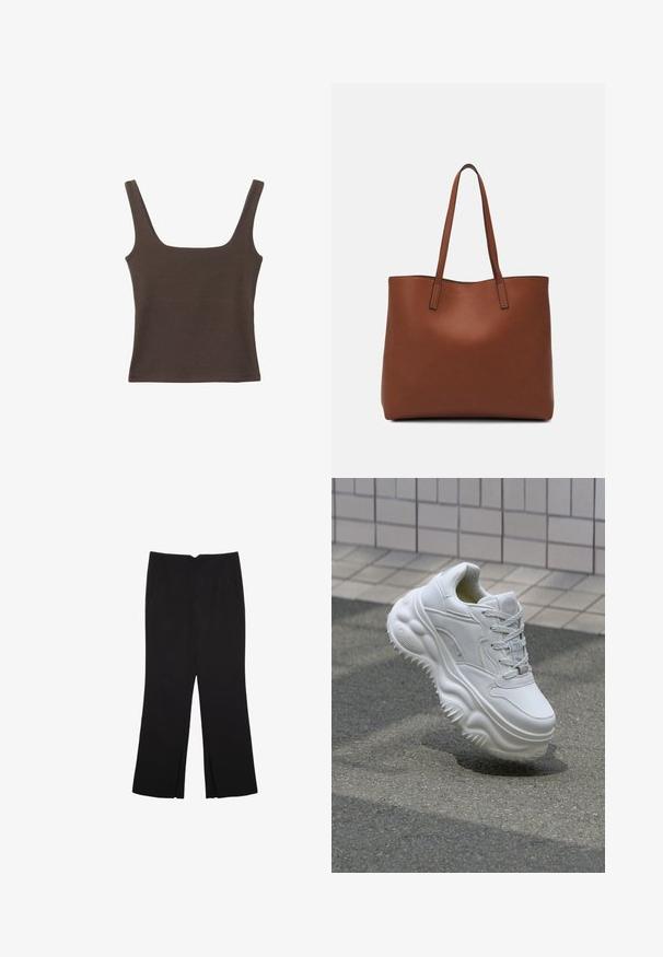 Brun ærmeløs top med firkantet udskæring, lavet af blød, strækbar stof. Har et tætsiddende design og flade sømme.; Sorte bukser med lige pasform, der har frontlommer og slidser i kanten. Lavet af blødt, glat stof. Velegnet til forskellige anledninger.; Hvide lædersneakers med en kraftig sål, teksturerede detaljer og snørelukning. Har formede accenter og en glat finish.; Brun læder tote taske med en glat overflade, åben topdesign og to skulderremme. Har minimal syning og ingen synlig hardware.