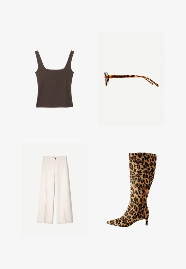 Bruine tanktop zonder mouwen met een vierkante halslijn, gemaakt van zachte, rekbare stof. Heeft een aansluitend ontwerp en platte naden.; Crème brede broek met een tailored ontwerp, voorzien van twee voorzakken en een enkele sluiting met een knop aan de voorkant, gemaakt van een gladde stof.; Kniehoge laars met luipaardprint, gemaakt van zacht materiaal, met een puntige neus en lage hak. De laars heeft een gedurfde zwart-bruine vlekkenpatroon.; schildpadbril met een dikke rand, licht gebogen scharnieren en een soepele textuur. Beschikt over een klassiek ontwerp met een glanzende afwerking.