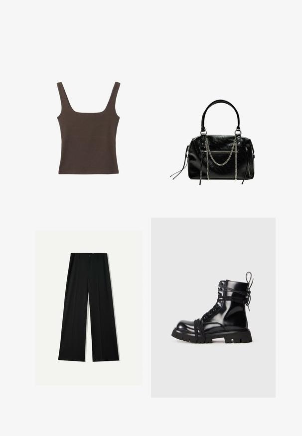 Brązowa bezrękawnikowa bluzka o kwadratowym dekolcie, wykonana z miękkiego, elastycznego materiału. Posiada dopasowany krój i płaskie szwy.; Bershka WIDE czarny; Czarny lakierowany botek z grubą podeszwą, okrągłym noskiem i detalami sznurowania. Ma owinięte sznurówki oraz pętelkę na pięcie.; Bershka - Torebka