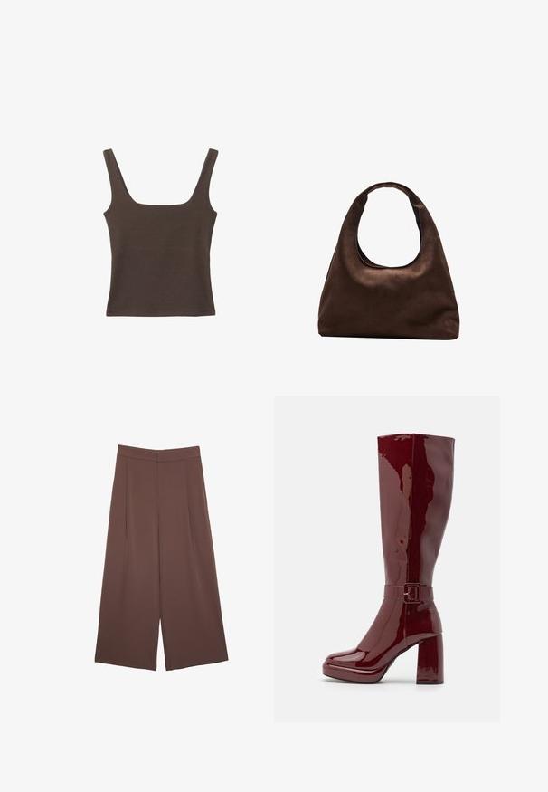 Hnedý bezrúškový top so štvorcovým výstrihom, vyrobený z mäkkého, elastického materiálu. Má priliehavý strih a ploché švy.; Hnedé nohavice so širokými nohavicami a hladkou textúrou, s vysokým pásom a prednými skladmi. Tkanina je ľahká a voľne sa pohybuje.; Even&Odd Wide Fit Topánky na vysokom opätku - red; Svetlohnedá kabelka v štýle hobo s jedným širokým popruhom a zakriveným otváraním na vrchu, vystavená na bielom pozadí.