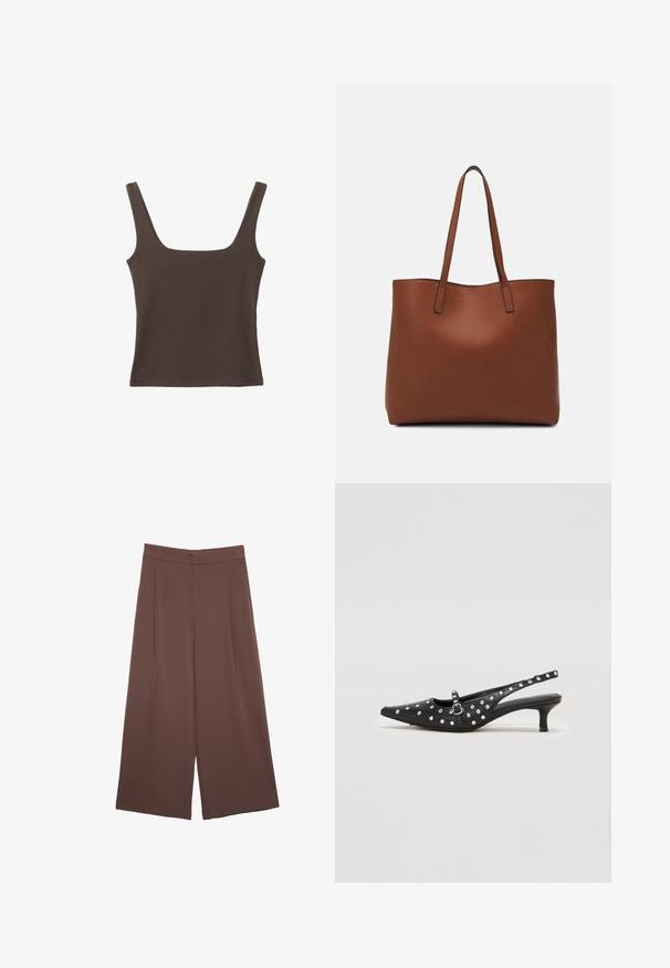Rjava brezrokavna majica s kvadratnim izrezom, narejena iz mehkega, elastičnega materiala. Ima oprijet kroj in ravne šive.; Rjave široke hlače z gladko teksturo, ki imajo visok pas in sprednje naborke. Tkanina je lahka in prosto pada.; Črne slingback čevlje s koničastim nosom, okrašene s srebrnimi žebljički, z nizko peto in detajlom s sponko.; Rjava usnjena torba z gladko teksturo, odprto zasnovo zgoraj in dvema naramnima trakovoma. Opremljena je z minimalnim šivanjem in brez vidnih kovinskih delov.
