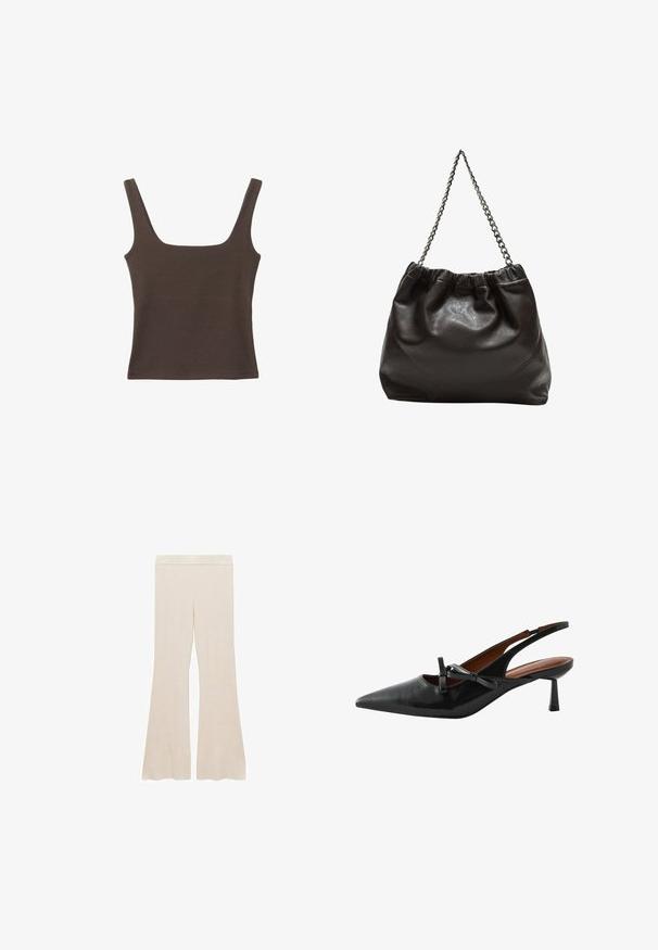 Braunes ärmelloses Oberteil mit quadratischem Ausschnitt, aus weichem, dehnbarem Stoff gefertigt. Verfügt über ein figurbetontes Design und flache Nähte.; Cremfarbene, gerippte Schlaghosen mit einem glatten Bund und einer strukturierten Oberfläche, entworfen für einen bequemen Sitz.; Schwarze Leder-Slingback-Absätze mit spitzem Zehenbereich, kleinem Schleifendetail und schmalem Absatz. Glatte Textur und minimalistisches Design.; Braune Lederhandtasche mit gerafftem Oberteil und Kettenriemen. Glatte Textur mit glänzendem Finish und subtilen Nahtdetails an den Seiten.