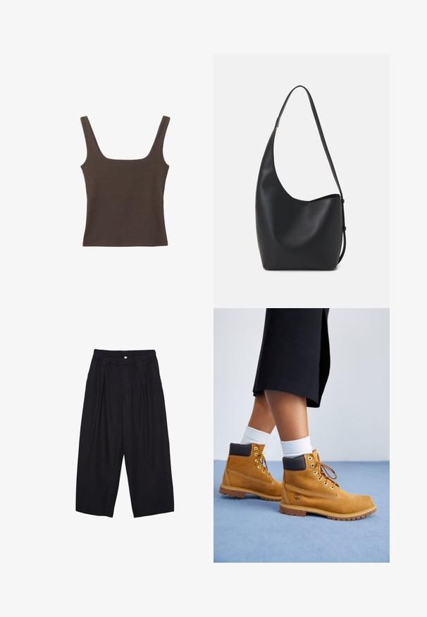 Brown sleeveless top with a square neckline, made from soft, stretchy fabric. Features a fitted design and flat seams.; Black polyester culotte pants with an elastic waistband, two front pleats, and a loose silhouette. No visible patterns or hardware details.; Tan suede ankle boots with brown leather accents, gold eyelets, and a textured sole. White socks visible above the boots.; Black leather hobo bag with a smooth texture, curved shape, and single adjustable strap; features a wide opening at the top.