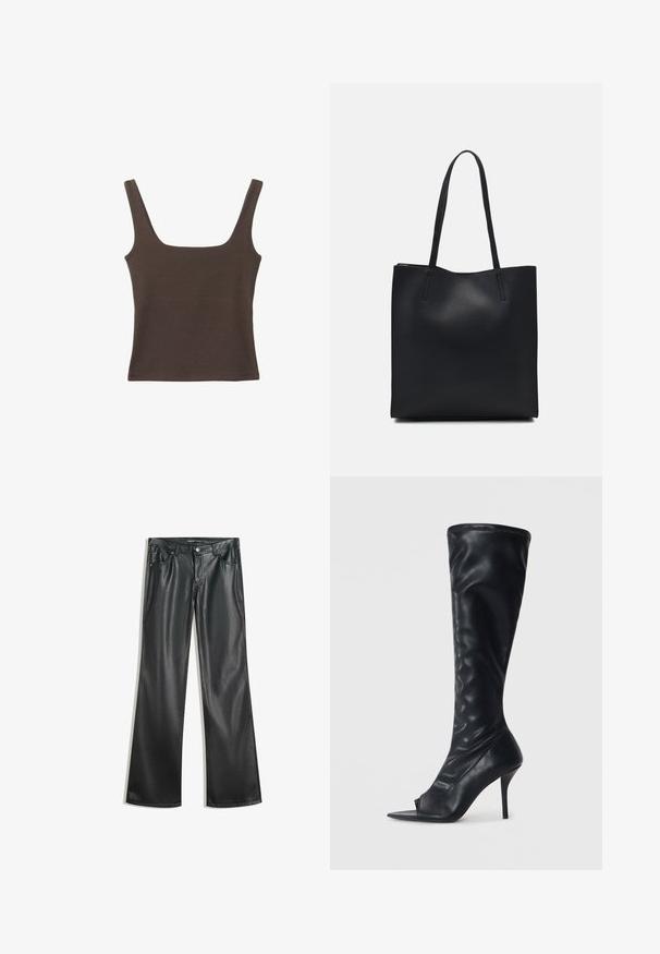 Brązowa bezrękawnikowa bluzka o kwadratowym dekolcie, wykonana z miękkiego, elastycznego materiału. Posiada dopasowany krój i płaskie szwy.; Czarne sztuczne skórzane spodnie w stylu dzwonów o gładkiej fakturze, pięcioma kieszeniami, zamkiem z przodu i kontrastowymi szwami.; Czarne syntetyczne skórzane kozaki do kolan z ostro zakończonym odkrytym palcem i wysokim szpilkowym obcasem. Chropowata cholewka i gładkie wykończenie.; Czarna skórzana torba tote o gładkiej fakturze, prostokątnym kształcie i dwóch długich uchwytach. Brak widocznych elementów metalowych i ozdób.
