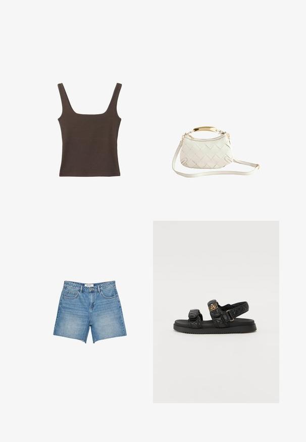 Ruskea hihaton toppi, jossa on neliönmuotoinen kaula-aukko, valmistettu pehmeästä ja joustavasta kankaasta. Ominaisuuksiin kuuluu istuva muotoilu ja sileät saumat.; Vaalean siniset farkkushortsit, joissa on suora leikkaus, risat helmata, viisi taskua ja brändilogo vyötäröllä. Yhtenäinen pesu ja kestävä kangas.; Mustat vuoratut sandaalit, joissa on kaksi säädettävää remmiä, kultaiset yksityiskohdat ja teksturoitu musta pohja. Tyylikäs ja nykyaikainen muotoilu.; Valkoinen kudottu nahkalaukku, jossa on kultasävyinen kahva, irrotettava olkahihna ja pyöreä pohja. Varustettu vetoketjulla ylhäällä.