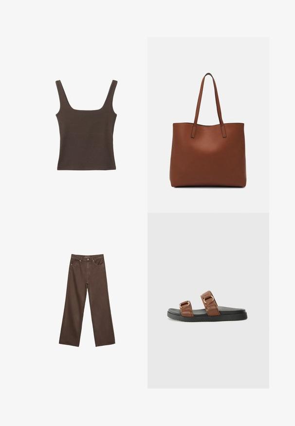 Brun ærmeløs top med firkantet udskæring, lavet af blød, strækbar stof. Har et tætsiddende design og flade sømme.; Bredde ben brun denim jeans med høj talje, forlommer og klassisk knaplukning. Glat tekstur med diskret syninger.; Brune lædersandaler med åben tå har to brede stropper med guldfarvet hardware, som hviler på en tekstureret sort gummisål.; Brun læder tote taske med en glat overflade, åben topdesign og to skulderremme. Har minimal syning og ingen synlig hardware.