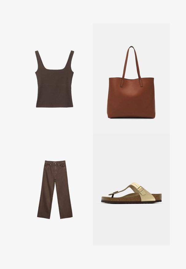 Brązowa bezrękawnikowa bluzka o kwadratowym dekolcie, wykonana z miękkiego, elastycznego materiału. Posiada dopasowany krój i płaskie szwy.; Szerokie brązowe dżinsy wykonane z denimu, z wysokim stanem, przednimi kieszeniami i klasycznym zapięciem na guzik. Gładka faktura z subtelnym przeszyciem.; Sandały z korkową wkładką w jasnym złocie z paskiem między palcami i regulowanym zapięciem. Posiadają teksturowaną podeszwę dla lepszej przyczepności. Neutralna kolorystyka.; Brązowa skórzana torba tote o gładkiej fakturze, z otwartym wierzchem i dwoma ramiączkami. Charakteryzuje się minimalnym przeszyciem i brakiem widocznych elementów metalowych.