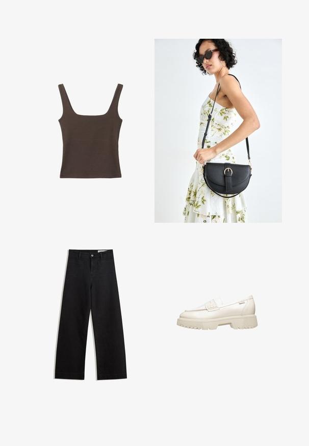 Hnědý bezramínkový top se čtvercovým výstřihem vyrobený z měkké, elastické tkaniny. Má přiléhavý design a ploché švy.; Černé denimové kalhoty s volným střihem a vysokým pasem, vybavené předními a zadními kapsami, prošívanými švy a knoflíkovým zapínáním. Hladká textura.; Bílé kožené mokasíny s robustní, texturovanou podrážkou a malým páskem přes vršek. Minimalistický design a hladký povrch.; Černá kožená kabelka s křivkovým tvarem, odnímatelným popruhem a zlatými detaily. Kabelka má klopu s přezkou.