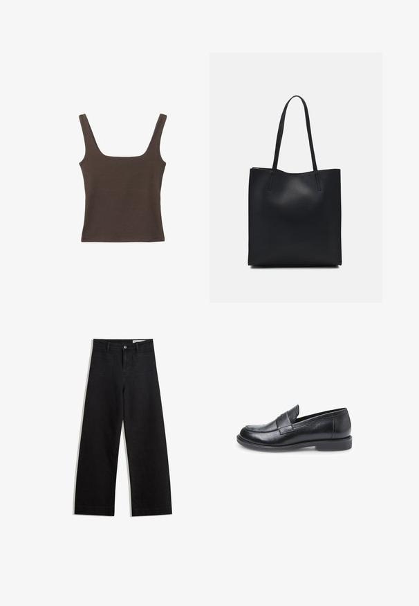Brun ærmeløs top med firkantet udskæring, lavet af blød, strækbar stof. Har et tætsiddende design og flade sømme.; Sorte wide-leg denim bukser med høj talje, der har front- og baglommer, syede sømme og en knaplukning. Glat tekstur.; Bata Loafers - nero; Sort læder tote taske med glat tekstur, rektangulær form og to lange hanke. Ingen synlig hardware eller udsmykninger.