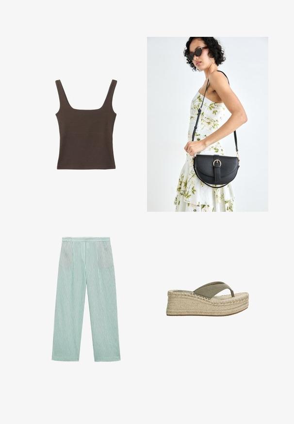Smešani smeđi top bez rukava sa kvadratnim izrezom, izrađen od mekanog, rastezljivog materijala. Ima kroj koji se uklapa i ravne šavne.; Svijetlozelene široke hlače s vertikalnim tamnim prugama, elastičnom gumom u struku i glatkom teksturom. Bez džepova i dodatnih ukrasa.; Espadrille platform sandale s bež užadnom potplatom, maslinasto zelenim platnenim trakama i teksturiranim gornjim dijelom. Lagani dizajn s jednostavnim obuvanjem.; Crna kožna torba s lukovitim oblikom, odvojivim remenom i zlatnim detaljima. Torba ima preklop s kopčom.