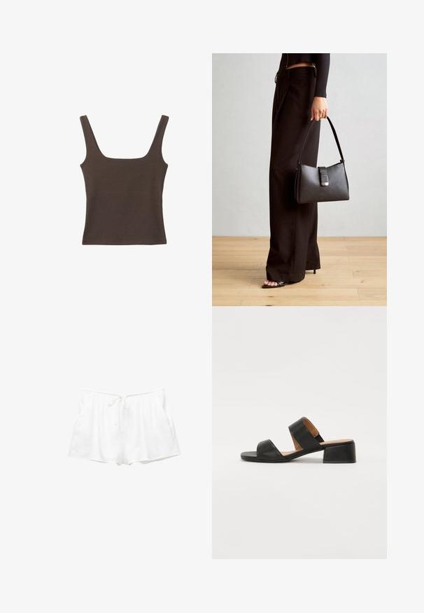 Hnědý bezramínkový top se čtvercovým výstřihem vyrobený z měkké, elastické tkaniny. Má přiléhavý design a ploché švy.; Bílé bavlněné šortky s elastickým pasem, nastavitelnými šňůrkami a bočními kapsami. Měkká textura a jednoduchý design se volným střihem.; Černé kožené sandály s dvěma širokými pásky přes nohu, čtveratou špičkou a nízkým blokovým podpatkem. Hladký povrch a minimalistický design.; Černá kabelka se strukturovaným tvarem, hladkým povrchem a kovovým uzávěrem. Kombinována s širokými černými kalhotami a sandály s otevřenou špičkou na dřevěné podlaze.