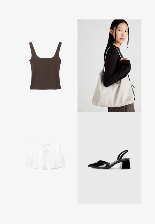 Ruskea hihaton toppi, jossa on neliönmuotoinen kaula-aukko, valmistettu pehmeästä ja joustavasta kankaasta. Ominaisuuksiin kuuluu istuva muotoilu ja sileät saumat.; Valkoiset puuvillashortsit, joissa on joustava vyötärö, säädettävä nauha ja sivutaskut. Pehmeä rakenne ja yksinkertainen muotoilu, jossa on löysä istuvuus.; Mustat patentoitu nahkakengät, joissa on säären takaosa ja terävä kärki, sekä geometrinen palikkakorko. Sisältää tyylikkään, minimalistisen muotoilun ja sileän pinnan.; Beige laukku, joka on valmistettu pehmeästä materiaalista, ja siinä on rento muotoilu, ommeltu yksityiskohtia ja kaksi olkahihnaa. Sopii päivittäiseen käyttöön.