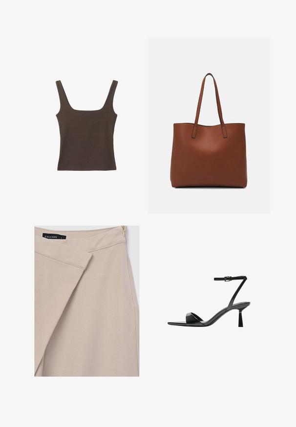 Braunes ärmelloses Oberteil mit quadratischem Ausschnitt, aus weichem, dehnbarem Stoff gefertigt. Verfügt über ein figurbetontes Design und flache Nähte.; Beige asymmetrischer Rock mit überlappendem Vorderteil, seitlichem Reißverschluss und sichtbarem schwarzen Markenlabel "CALLIOPE" in Größe S.; Bershka High Heel Sandalette - black; Braune Leder-Tote mit glatter Textur, offenem Oberteil und zwei Schulterriemen. Verfügt über minimale Nähte und keine sichtbaren Beschläge.