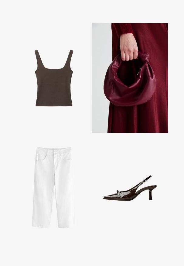 Brun ærmeløs top med firkantet udskæring, lavet af blød, strækbar stof. Har et tætsiddende design og flade sømme.; Hvide denim culotter med en afslappet pasform, to frontlommer og knaplukning. Tekstureret materiale med stikninger.; Brun patentlæder slingback sko med spids tå, lav hæl og en dekorativ sløjfe foran. Glat, skinnende tekstur.; Bordeaux læderhåndtaske med et blødt, samlet design og en rund form. Håndtaget er sikret og viser en glat tekstur.