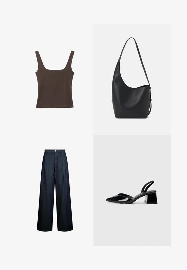 Braunes ärmelloses Oberteil mit quadratischem Ausschnitt, aus weichem, dehnbarem Stoff gefertigt. Verfügt über ein figurbetontes Design und flache Nähte.; Weite Jeans aus dunkelblauem Denim mit hoher Taille, sichtbaren Nähten und einem vorderen Knopfverschluss. Minimalistisches Design.; Schwarze Lackleder-Slingback-High Heels mit spitzem Schuh und einem geometrischen Blockabsatz. Verfügt über ein schlankes, minimalistisches Design und eine glatte Textur.; Schwarze Leder-Hobo-Tasche mit einer glatten Textur, geschwungener Form und einem einzelnen verstellbaren Tragegurt; verfügt über eine weite Öffnung am oberen Ende.