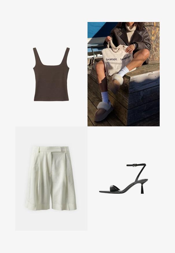 Rjava brezrokavna majica s kvadratnim izrezom, narejena iz mehkega, elastičnega materiala. Ima oprijet kroj in ravne šive.; Pletenice hlače iz svetlorjave tkanine z nežnim abstraktnim vzorcem. Imajo raven pas in sproščen kroj, idealne za tople dni.; Bershka Sandali z visoko peto - black; Bežna torba z natisnjenim napisom "SAMSOE" dvakrat, svetlo rjave natikače z belim krznom, bele nogavice in rjav plašč iz ovčje kože na leseni površini.