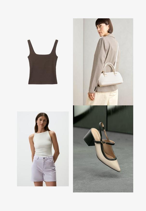 Haut sans manches marron avec un décolleté carré, fabriqué à partir d'un tissu doux et extensible. Présente un design ajusté et des coutures plates.; Débardeur blanc à côtes avec un col montant associé à un short en denim lavande clair, comportant des poches avant et une fermeture à bouton noir.; Escarpin beige à bout pointu et bride arrière, avec des finitions noires, une boucle dorée et un talon bloc épais, posé sur un sol gris avec un fond vert foncé.; Sac à main structuré blanc avec de courtes poignées et une bandoulière, doté de accents en métal doré et d'un matériau texturé, présenté sur un fond gris.