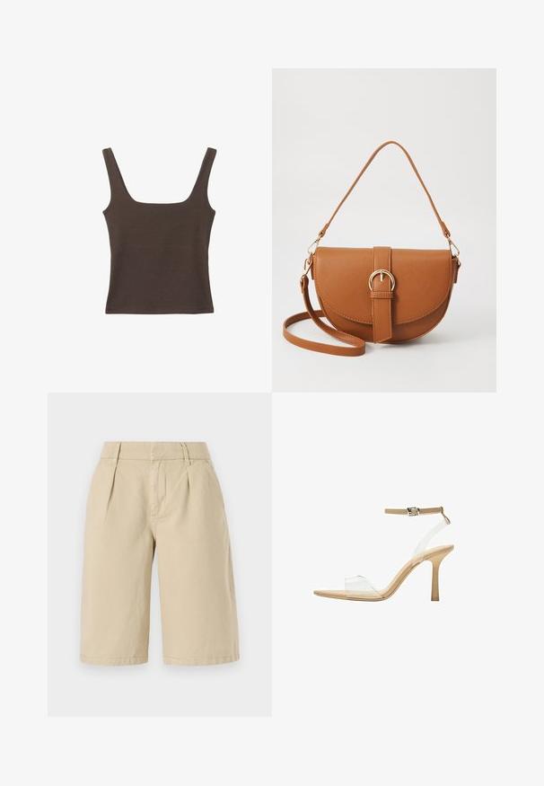 Rjava brezrokavna majica s kvadratnim izrezom, narejena iz mehkega, elastičnega materiala. Ima oprijet kroj in ravne šive.; Bež bombažne kratke hlače s sproščenim krojem, ki imajo sprednje gube in stranske žepke, se končajo tik nad koleni z urejenim robom.; Sandal z jasnim petnikom s prozornim zgornjim delom, bež podplatom in sivim trakcem okoli gležnja. Ima koničast nos in tanek visoki petek.; Rjava usnjena torbica prek telesa s ukrivljeno obliko, zlate opreme in sponko. Ima odstranljiv naramni trak.