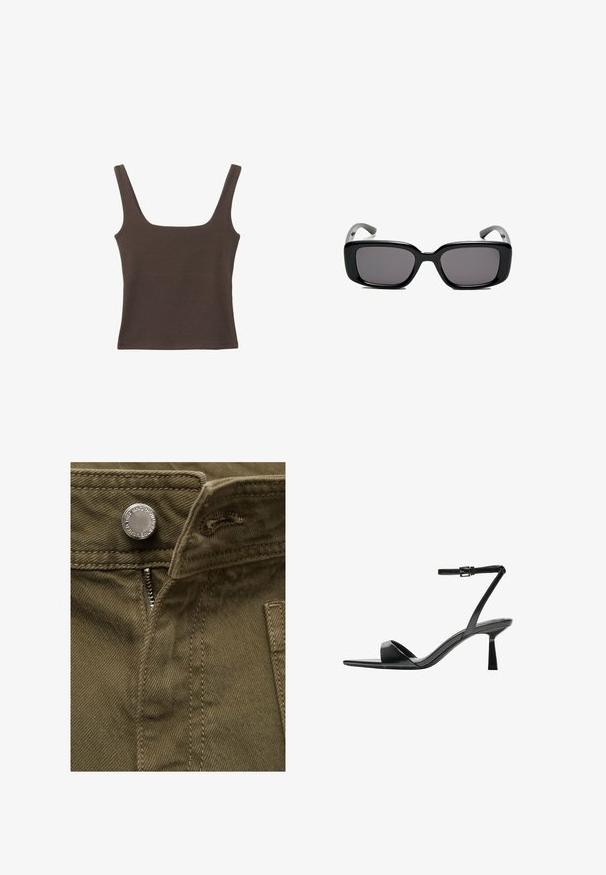 Bruine tanktop zonder mouwen met een vierkante halslijn, gemaakt van zachte, rekbare stof. Heeft een aansluitend ontwerp en platte naden.; Olijfgroen katoenen stof met een zichtbare rits en metalen knoopdetail; heeft stiksels en een zijzak.; Bershka Sandalen met hoge hak - black; Zwarte rechthoekige zonnebril met donkere lenzen, een gladde kunststof montuur en gebogen pootjes. Het ontwerp is robuust met een minimalistische esthetiek.