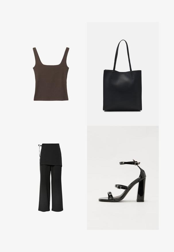 Rjava brezrokavna majica s kvadratnim izrezom, narejena iz mehkega, elastičnega materiala. Ima oprijet kroj in ravne šive.; Črne široke hlače z večplastnim dizajnom in stranskim vezanjem. Narejene so iz mehkega, gladkega materiala, s preprostim in čistim krojem.; Črne lakirane sandale s peto, kvadratnim prstom, trakovi okrog gležnja in srebrnimi zaponkami. Opremljene so s stabilno Debelo peto.; Črna usnjena torba s svilnato teksturo, pravokotne oblike in dvema dolgima ročajema. Brez vidnih metalnih delov ali okrasnih elementov.