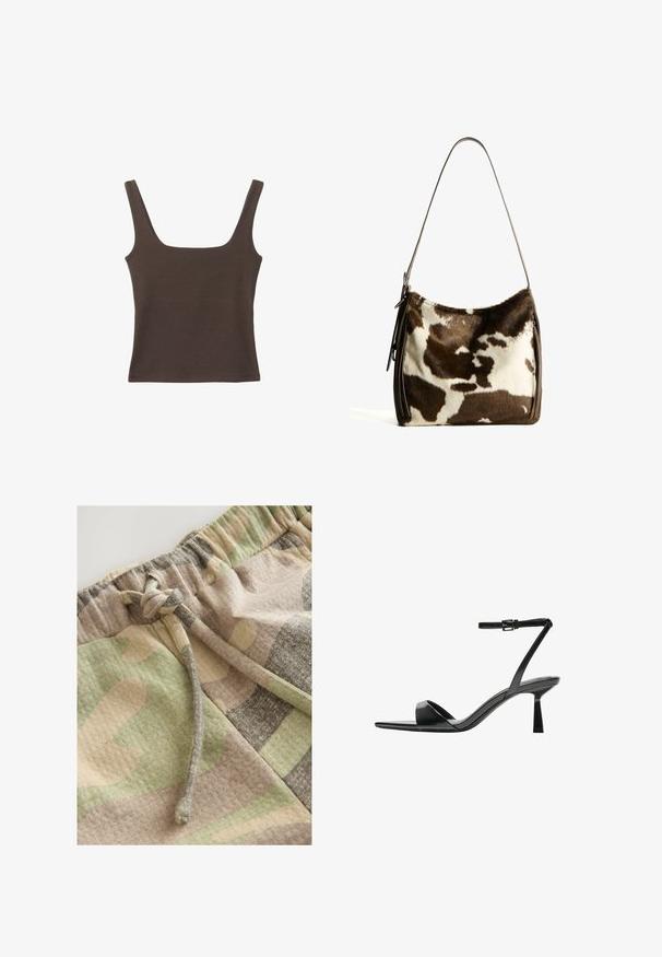 Smešani smeđi top bez rukava sa kvadratnim izrezom, izrađen od mekanog, rastezljivog materijala. Ima kroj koji se uklapa i ravne šavne.; Šorts s kamuflažnim uzorkom u kombinaciji zelene, bež i sivoj boji. Sadrže elastičnu waistband s vezicom za prilagodljivo prianjanje.; Bershka Sandale s visokom petom - black; Smeđa i krem torba preko ramena od kravljeg krzna sa glatkim kožnim remenom, zatvaranjem na patentni zatvarač i mekom, teksturiranom površinom koja sadrži prirodan uzorak.