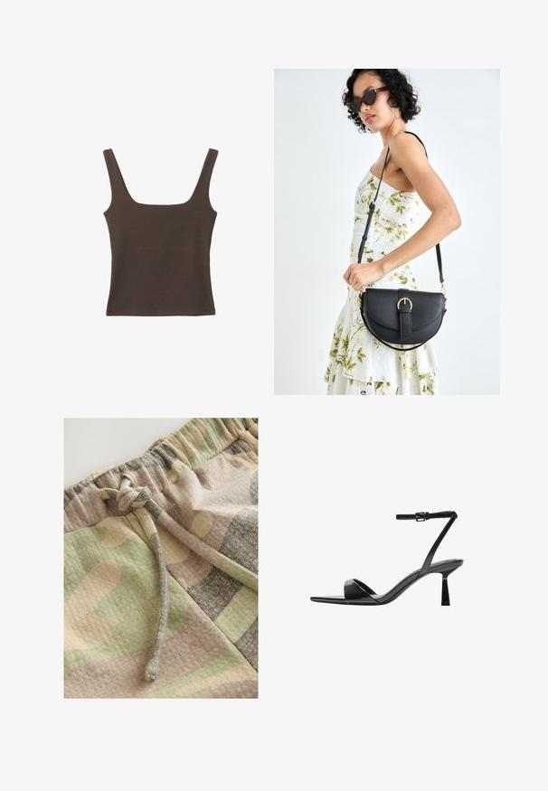 Brązowa bezrękawnikowa bluzka o kwadratowym dekolcie, wykonana z miękkiego, elastycznego materiału. Posiada dopasowany krój i płaskie szwy.; Spodenki w wzór kamuflażu w odcieniach zieleni, beżu i szarości. Posiadają elastyczny pas oraz sznurek do regulacji dopasowania.; Bershka - Sandały na obcasie; Czarna skórzana torebka o zakrzywionym kształcie, z odpinanym paskiem i złotymi akcentami. Torebka posiada klapę z zapięciem w kształcie klamry.