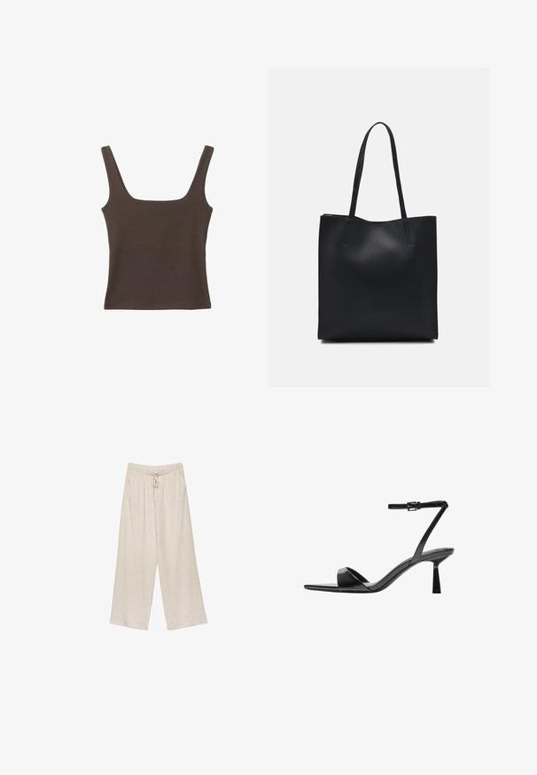 Ruskea hihaton toppi, jossa on neliönmuotoinen kaula-aukko, valmistettu pehmeästä ja joustavasta kankaasta. Ominaisuuksiin kuuluu istuva muotoilu ja sileät saumat.; Valkoiset pellavahousut, joissa on leveät lahkeet, nyöri vyötäröllä, kaksi sivutaskua ja hieman teksturoitu kangas hengittävyyden ja mukavuuden takaamiseksi.; Bershka Korolliset sandaalit - black; Mustapahkainen kangaskassi, jossa on sileä pinta, suorakaiteen muotoinen ja kaksi pitkää kahvaa. Ei näkyvää metalliosaa tai koristeita.