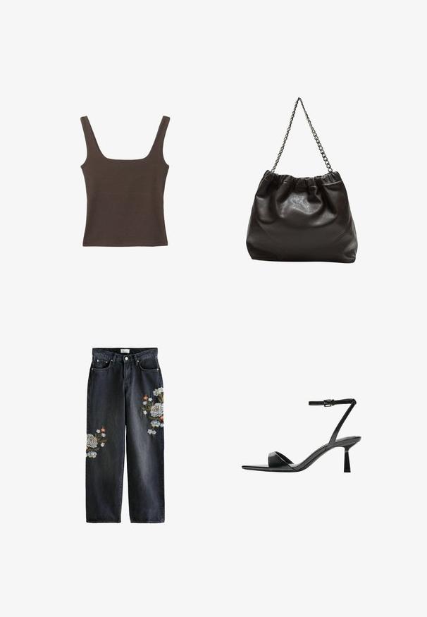 Rjava brezrokavna majica s kvadratnim izrezom, narejena iz mehkega, elastičnega materiala. Ima oprijet kroj in ravne šive.; Črne široke jeans hlače iz denima z rožnim vezenjem v modri, beli in oranžni barvi na obeh nogah, visok pas in standardna zasnova s petimi žepi.; Bershka Sandali z visoko peto - black; Rjava usnjena torba z nabranim vrhom in verižnim trakom. Gladka tekstura z sijajno površino in subtilnimi šivi na straneh.