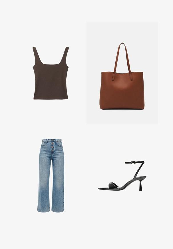 Brązowa bezrękawnikowa bluzka o kwadratowym dekolcie, wykonana z miękkiego, elastycznego materiału. Posiada dopasowany krój i płaskie szwy.; s.Oliver - Jeansy Dzwony; Bershka - Sandały na obcasie; Brązowa skórzana torba tote o gładkiej fakturze, z otwartym wierzchem i dwoma ramiączkami. Charakteryzuje się minimalnym przeszyciem i brakiem widocznych elementów metalowych.