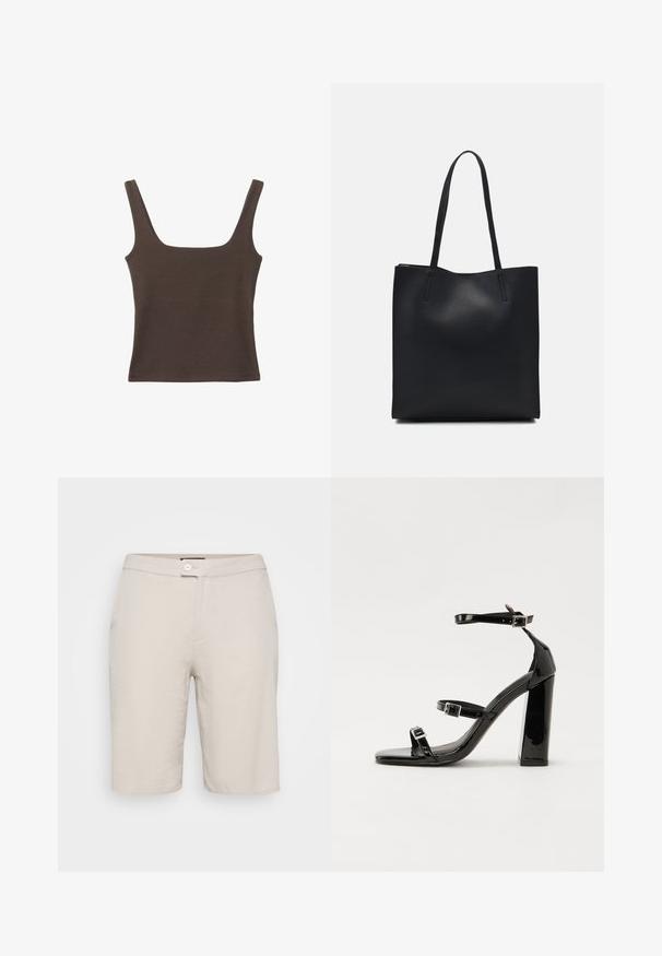 Ruskea hihaton toppi, jossa on neliönmuotoinen kaula-aukko, valmistettu pehmeästä ja joustavasta kankaasta. Ominaisuuksiin kuuluu istuva muotoilu ja sileät saumat.; Beige puuvillashortsit nappisuljennuksella, kahdella sivutaskulla ja suoran leikkauksen kanssa. Ominaisuuksiin kuuluu sileä pinta ja yksinkertainen muotoilu.; Musta kiiltävä korkokenkä sandaalit neliönmuotoisella varpaalla, nilkkaremmillä ja hopeisilla soljilla. Varustettu tukevalla lohkokorkealla vakauden takaamiseksi.; Mustapahkainen kangaskassi, jossa on sileä pinta, suorakaiteen muotoinen ja kaksi pitkää kahvaa. Ei näkyvää metalliosaa tai koristeita.