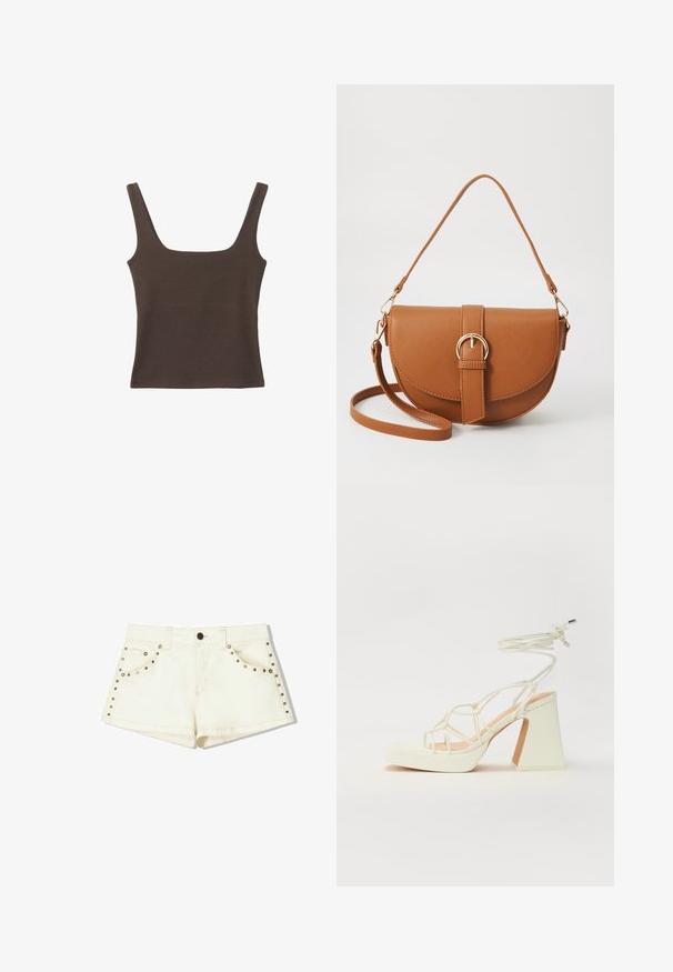 Hnedý bezrúškový top so štvorcovým výstrihom, vyrobený z mäkkého, elastického materiálu. Má priliehavý strih a ploché švy.; Bershka Šortky - white; Biele sandále na vysokom opätku s hrubým podpätkom, s pruhovaným dizajnom a viazaním na členku. Hladký povrch s platformou vpredu pre zvýšenú výšku.; Hnedá kožená kabelka cez telo s zakriveným tvarom, zlatými kovovými doplnkami a akcentom s prackou. Obsahuje odnímateľný ramenný popruh.
