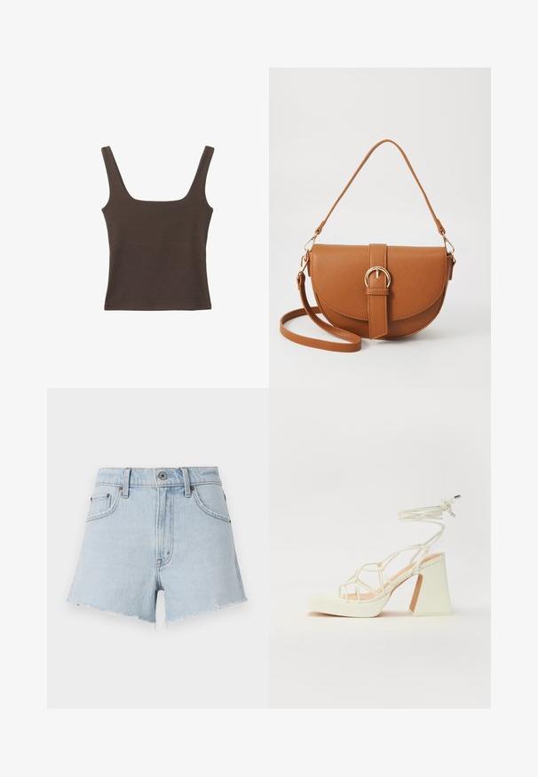 Rjava brezrokavna majica s kvadratnim izrezom, narejena iz mehkega, elastičnega materiala. Ima oprijet kroj in ravne šive.; Svetlo modri jeans kratki hlače z visokim pasom, razfrkanim robom in petimi žepi. Imajo kovinsko gumbe in kontrastno šivanje.; Bela sandala na visokih petah s debelim petam, ki ima obliko trakcev in vezanje okoli gležnja. Gladka tekstura z platformo spredaj za dodatno višino.; Rjava usnjena torbica prek telesa s ukrivljeno obliko, zlate opreme in sponko. Ima odstranljiv naramni trak.