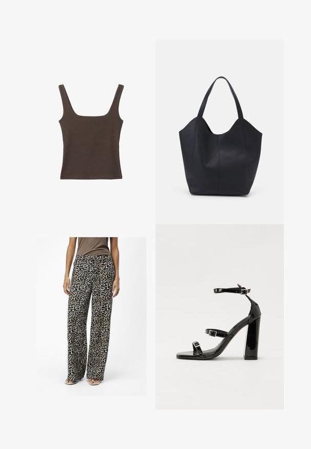 Hnědý bezramínkový top se čtvercovým výstřihem vyrobený z měkké, elastické tkaniny. Má přiléhavý design a ploché švy.; Kalhoty s leopardím potiskem ve širokém střihu, vyrobené z měkké tkaniny, v černé a hnědé barvě, s pohodlným střihem a decentními bočními kapsami.; Černé lakované sandály na podpatku se čtveratou špičkou, lýtkovými pásky a stříbrnými přezkami. Disponují masivním blokovým podpatkem pro stabilitu.; Černá taška přes rameno vyrobená z hladké kůže, s zakřiveným, otevřeným vrchem a dvěma ramenními popruhy, s minimalistickým designem.