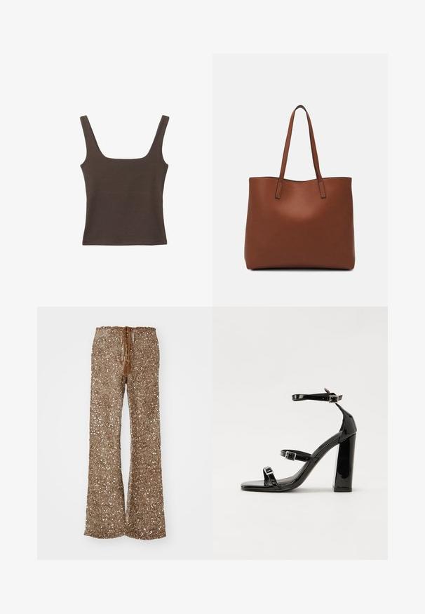 Brązowa bezrękawnikowa bluzka o kwadratowym dekolcie, wykonana z miękkiego, elastycznego materiału. Posiada dopasowany krój i płaskie szwy.; Brązowe spódnie w kształcie dzwonów wykonane z teksturowanej tkaniny z srebrnymi cekinami, z elastycznym pasem na sznurku z chwostami do regulacji.; Czarne lakierowane sandały na obcasie z kwadratowym noskiem, z paskami wokół kostki i srebrnymi klamrami. Posiadają masywny słupek dla stabilności.; Brązowa skórzana torba tote o gładkiej fakturze, z otwartym wierzchem i dwoma ramiączkami. Charakteryzuje się minimalnym przeszyciem i brakiem widocznych elementów metalowych.