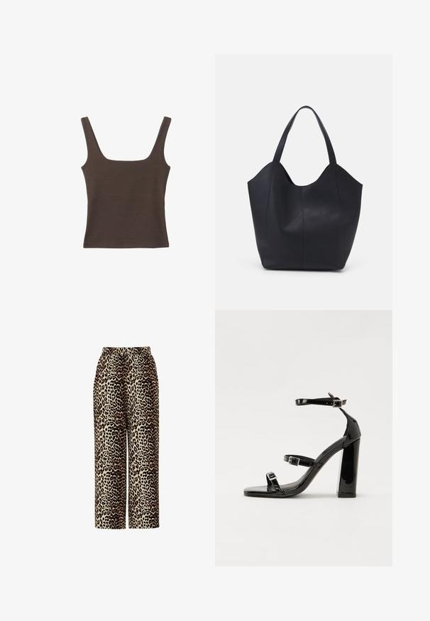 Rjava brezrokavna majica s kvadratnim izrezom, narejena iz mehkega, elastičnega materiala. Ima oprijet kroj in ravne šive.; Hlače širokega kroja z leopardjim vzorcem v bež in rjavi barvi, z elastičnim pasom in dvema sprednjima žepoma. Mehka, strukturirana tkanina.; Črne lakirane sandale s peto, kvadratnim prstom, trakovi okrog gležnja in srebrnimi zaponkami. Opremljene so s stabilno Debelo peto.; Črna torba v obliki tote iz gladke usnjene površine, ki ima ukrivljen odprt vrh z dvema naramnicama in minimalističnim dizajnom.