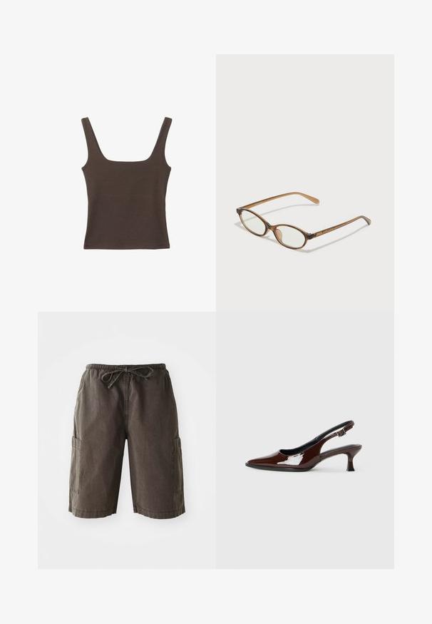 Hnědý bezramínkový top se čtvercovým výstřihem vyrobený z měkké, elastické tkaniny. Má přiléhavý design a ploché švy.; Cargo šortky v tmavě šedé tkanině s elastickým pasem na šňůrku, bočními kapsami a volným střihem. Odolný materiál.; Hnědé lakované kožené slingback boty s špičatou špičkou a mírným podpatkem. Disponují přezkou pro bezpečné upevnění. Hladký povrch.; Hnědé želvovinové brýle s oválnými skly, tenkými bočními nohami a průhlednými akcenty. Obsahují decentní logo na stranu. Elegantní, lehký design.