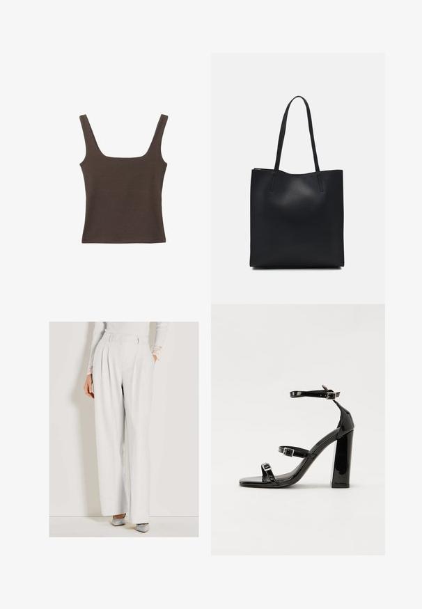 Braunes ärmelloses Oberteil mit quadratischem Ausschnitt, aus weichem, dehnbarem Stoff gefertigt. Verfügt über ein figurbetontes Design und flache Nähte.; Frau in hochtaillierten, weit geschnittenen weißen Hosen, kombiniert mit einem weißen, gerippten Pullover mit Spitze an den Bündchen und silbernen spitz zulaufenden Absätzen.; Schwarze patentierte Sandalen mit Absatz, quadratischer Spitze, Knöchelriemen und silbernen Schnallen. Mit einem stabilen Blockabsatz für mehr Stabilität.; Schwarze Laptoptasche aus Leder mit glatter Textur, rechteckiger Form und zwei langen Griffen. Keine sichtbaren Beschläge oder Verzierungen.